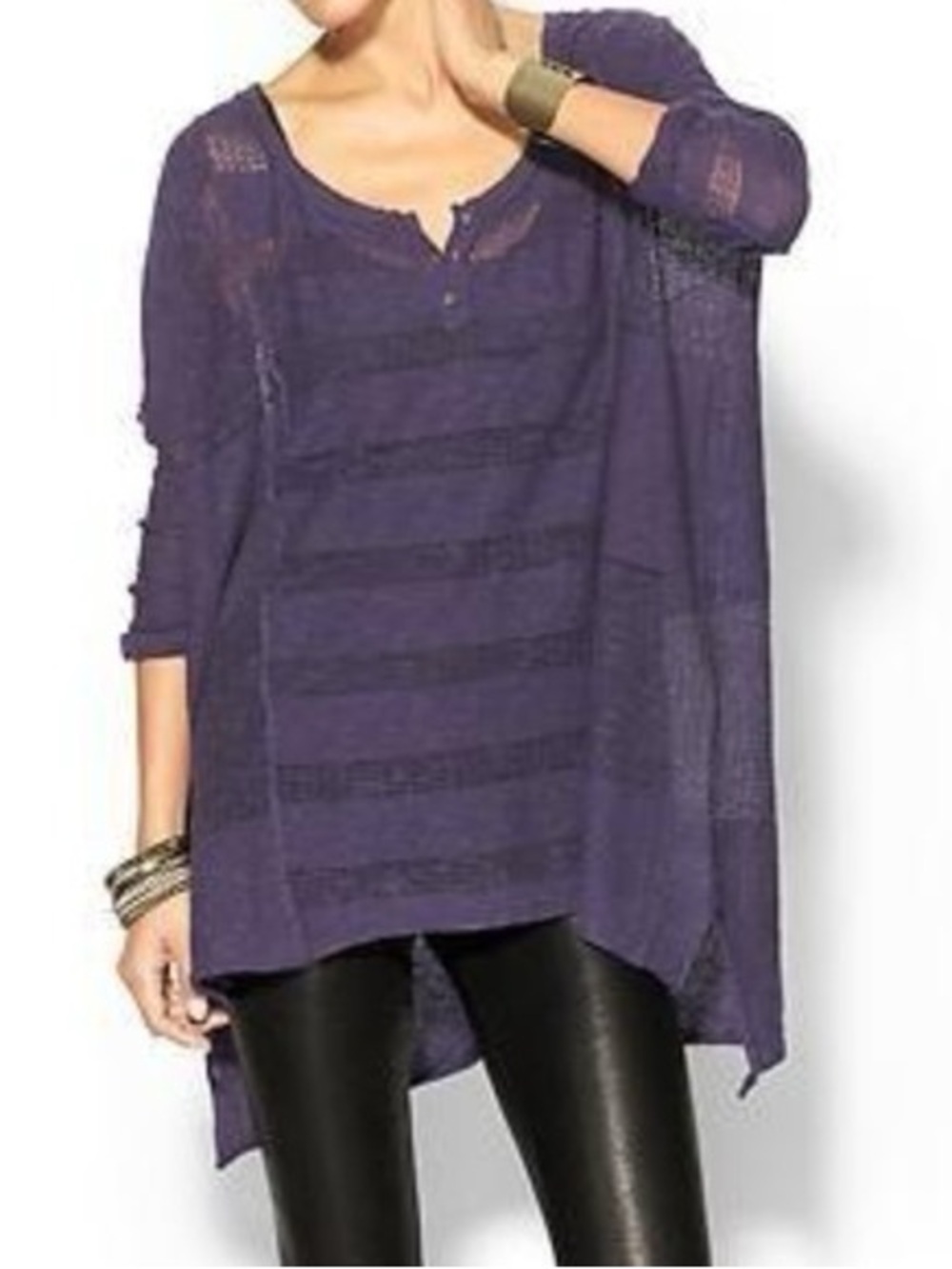 Free People Wild Horses Henley Tunic M Oversized Boho Long Sleeve Semi Sheer